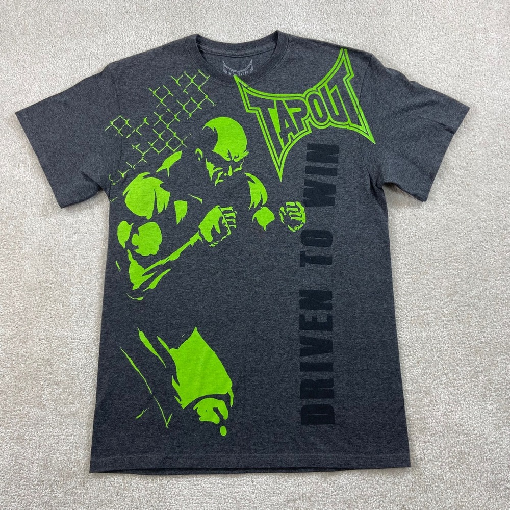 Y2K Tapout‎ Graphic Tee Mens Medium Gray Neon Green Driven To Win MMA T-Shirt